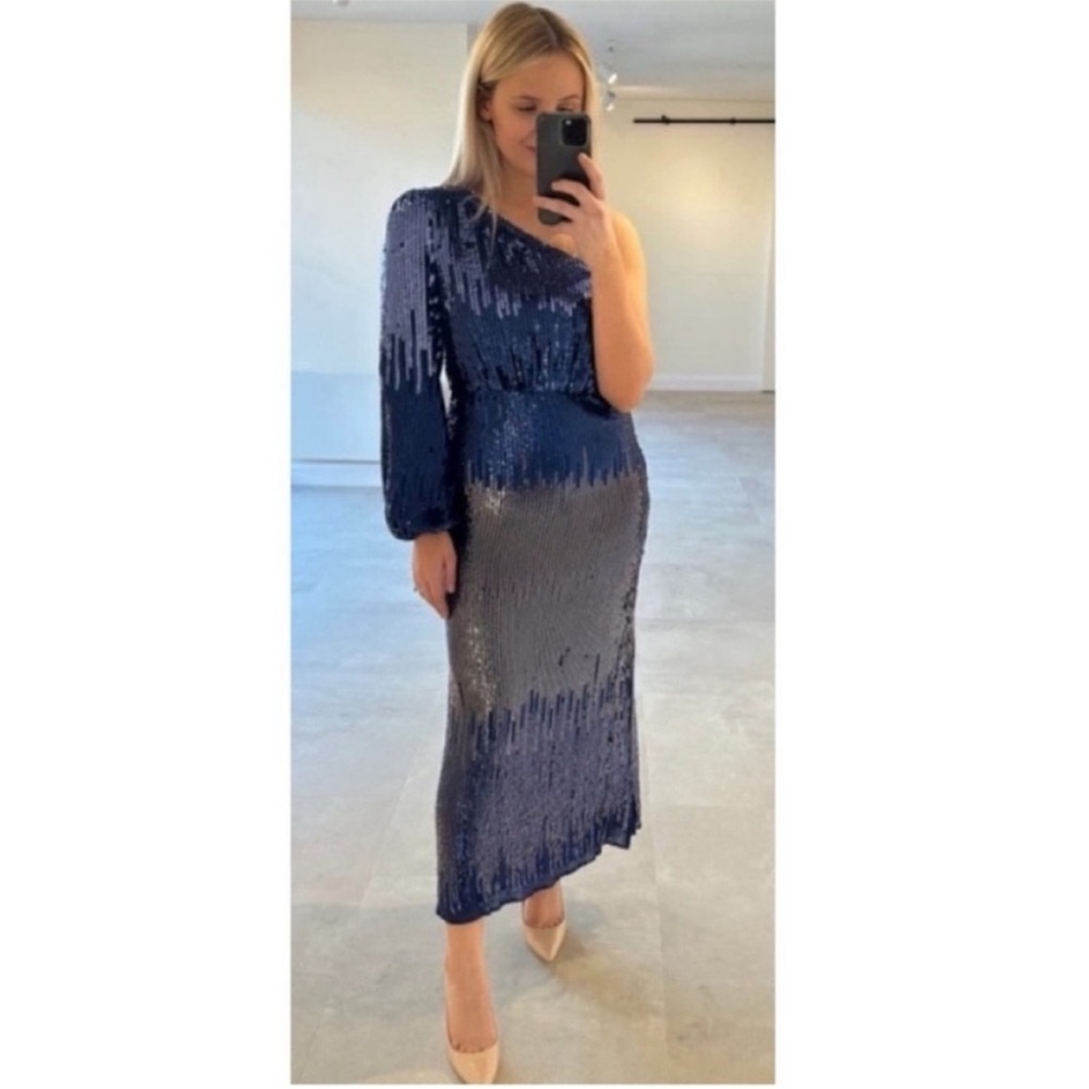 RIXO London Bradshaw Sequin beaded Dress One Sleeve Ombre Blue Metallic 8 NWT - Picture 4 of 11